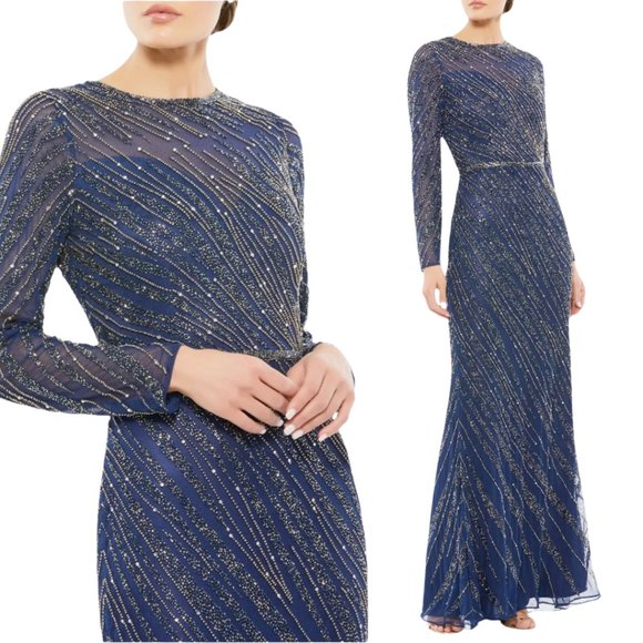 $598 Mac Duggal 5240 Size 14 Dark Blue Long Sleeve Column Gown Maxi Dress Navy - Picture 1 of 4